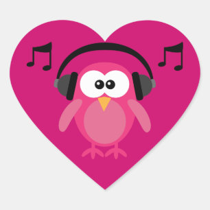 Pink Owl With Headphones & Musical Notes Heart Sticker