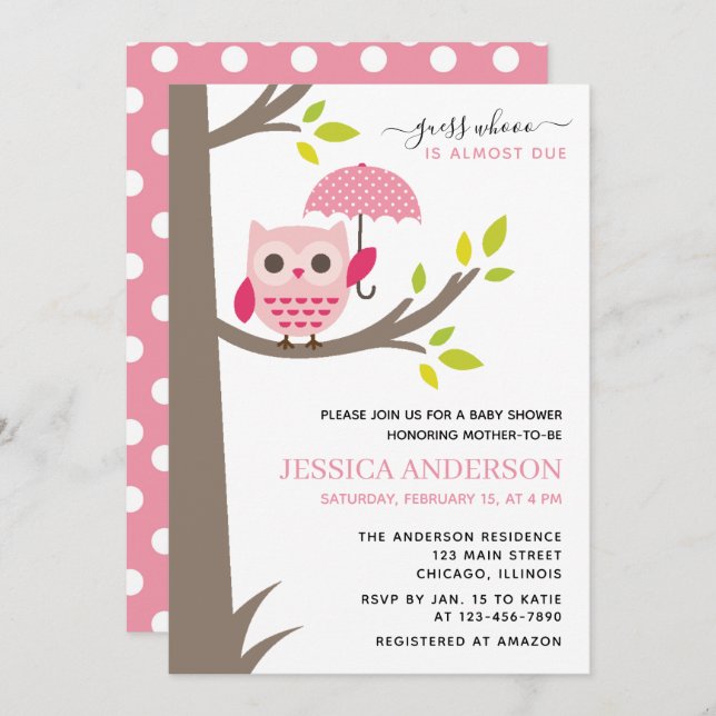 Pink Owl with umbrella Baby Shower Invitation (Front/Back)