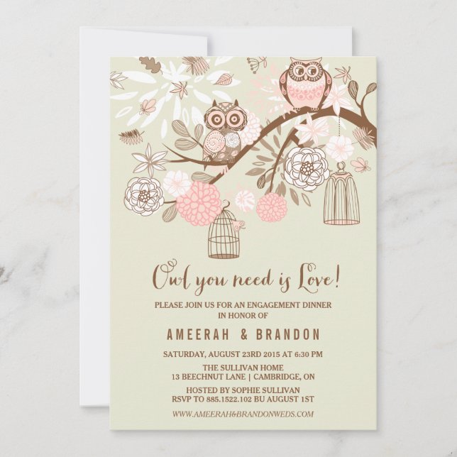 Pink Owls & Birdcages Engagement Party Invitation (Front)