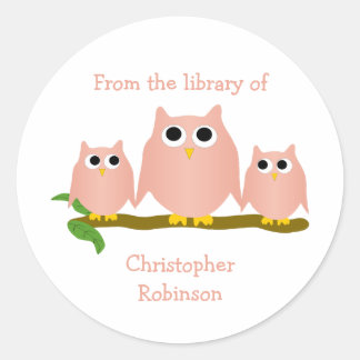 Pink Owls Design Bookplate Classic Round Sticker