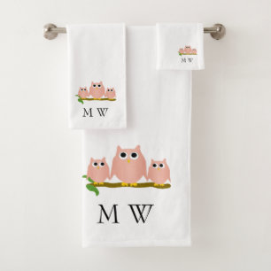 Pink Owls Design Monogrammed Bath Towel Set