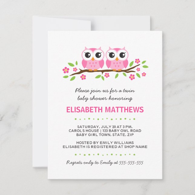 Pink owls on floral branch twin girls baby shower invitation (Front)