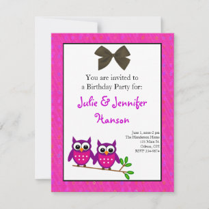 Pink Owls Twin Girls Birthday Invitation