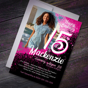 Pink Paint Splatter Photo 15th Birthday Invitation