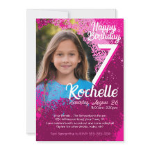 Pink Paint Splatter Photo 7th Birthday Invite