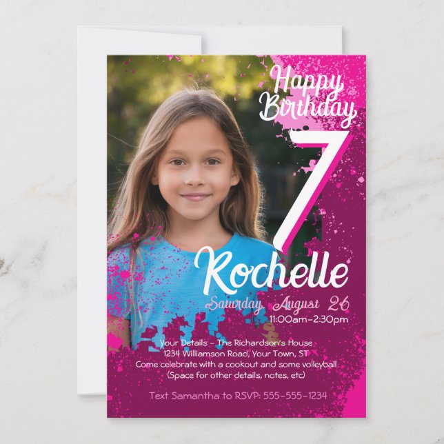 Pink Paint Splatter Photo 7th Birthday Invite (Front)