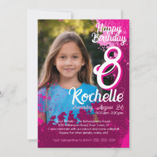 Pink Paint Splatter Photo 8th Birthday Invite