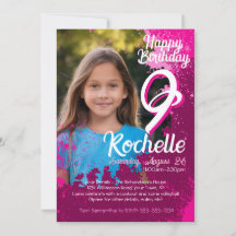 Pink Paint Splatter Photo 9th Birthday Invite