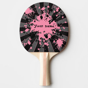Pink paint splatters black and grey personalised ping pong paddle