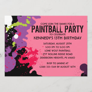 Pink Paintball Splatter Paintball Birthday Party Invitation