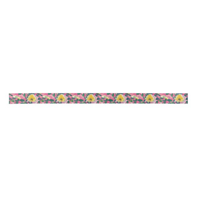 Pink Painted Chinoiserie Floral Satin Ribbon (Front)