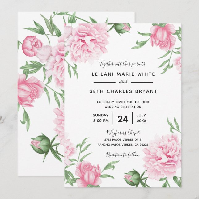 Pink Painted Floral Peonies Wedding Invitation (Front/Back)