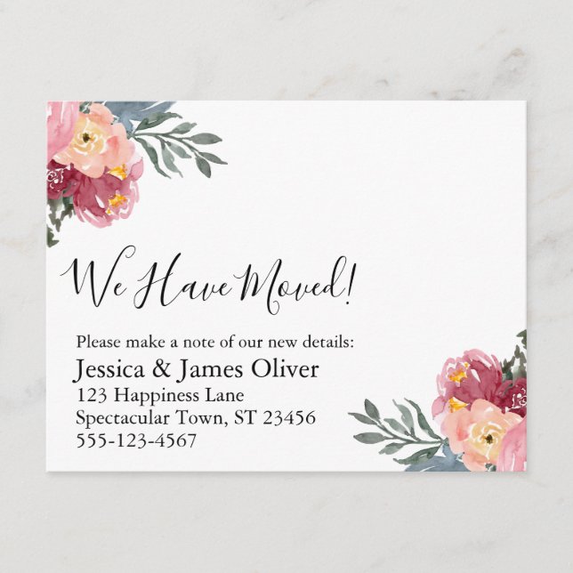 Pink Painted Floral We Have Moved Notice Enclosure Card (Front)