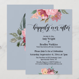 Pink Painted Flowers Happily Ever After Dusty Blue Invitation
