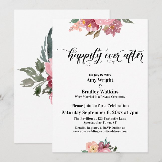 Pink Painted Flowers Happily Ever After Typography Invitation (Front/Back)
