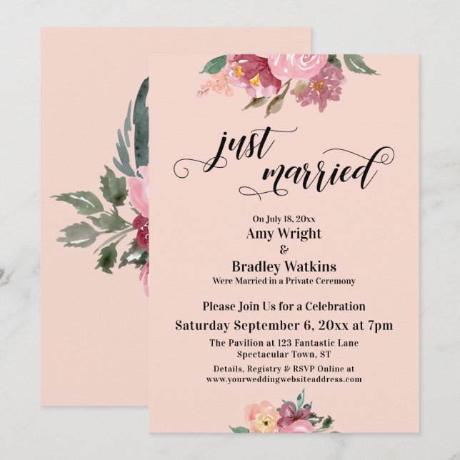 Pink Painted Flowers Just Married Typography Blush Invitation (Front/Back)