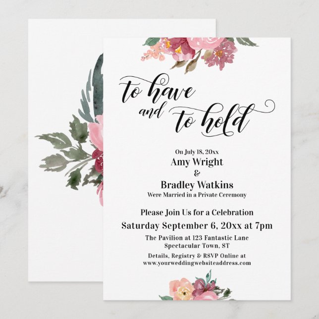 Pink Painted Flowers To Have and To Hold Script Invitation (Front/Back)