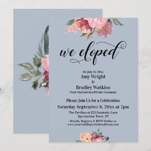 Pink Painted Flowers We Eloped Script, Dusty Blue Invitation
