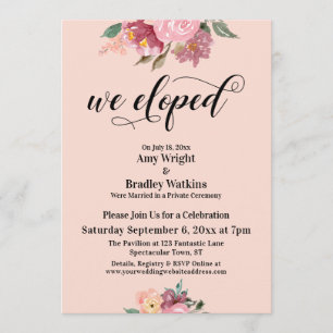 Pink Painted Flowers We Eloped Typography, Blush Invitation