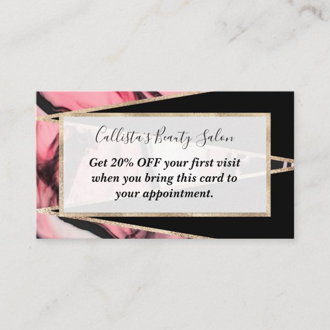 Pink Painted Marble Black Geometric Triangles Discount Card (Front)