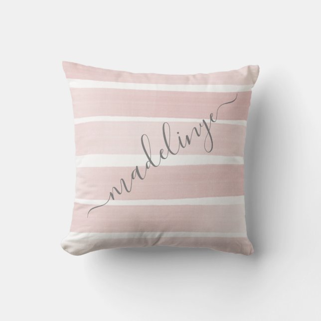 Pink Painted Stripes with Grey Name Personalised Cushion (Front)