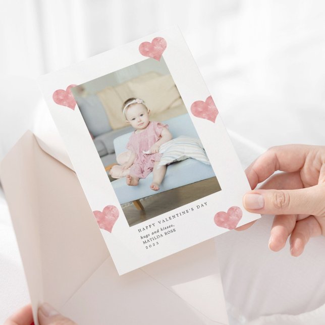 Pink Painterly Hearts Modern Valentine's Day Photo Holiday Card (Creator Uploaded)