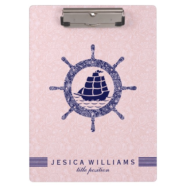 Pink Paisley And Navy Blue Nautical Boat Wheel Clipboard (Front)
