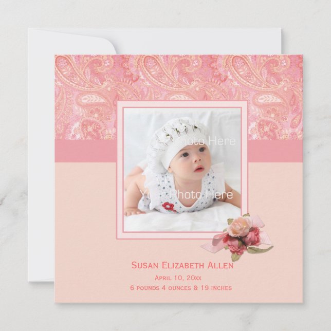 Pink Paisley Baby Photo Announcement (Front)