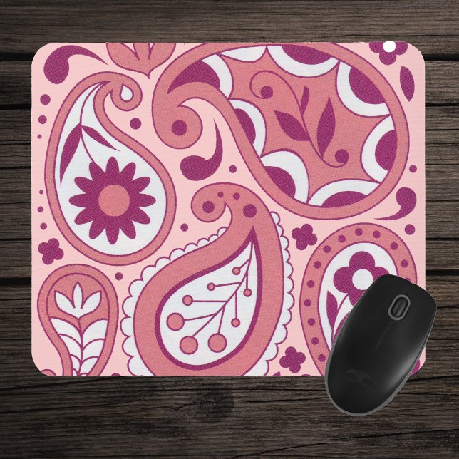 Pink Paisley Flower Mousepad (Pretty ornate paisley pattern with teardrops daisies in shades of pink and white on mousepad.)