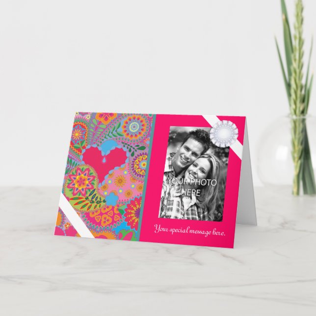 Pink Paisley Garden Personalised Photo Valentine Holiday Card (Front)