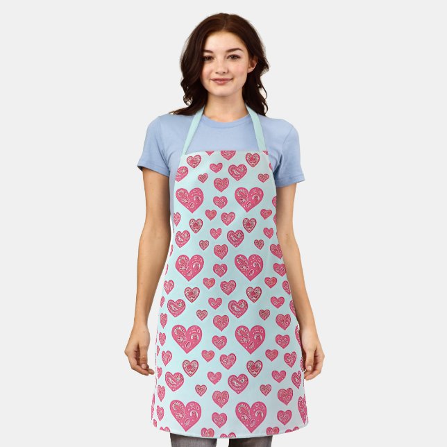 Pink paisley hearts valentine  apron (Worn)