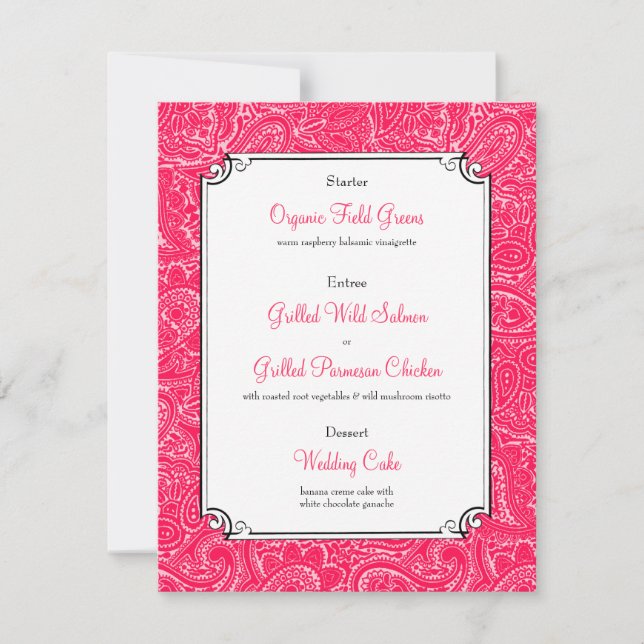Pink Paisley Wedding Reception Dinner Menu Invitation (Front)