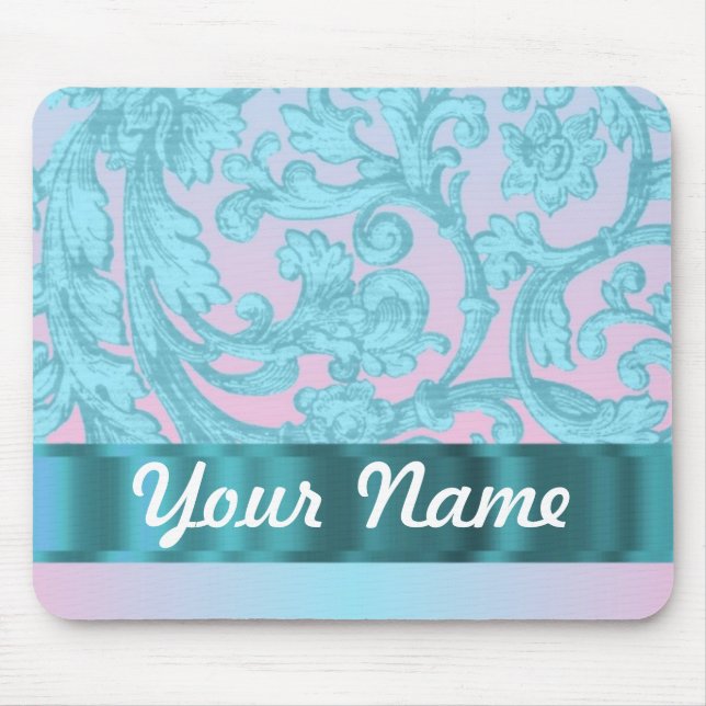 Pink & pale blue damask lace mouse mat (Front)