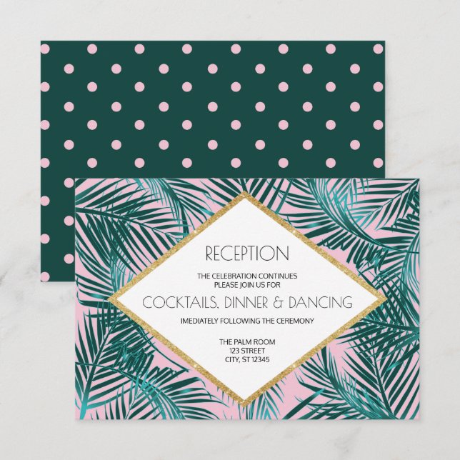 Pink Palm Deco Wedding Reception Card (Front/Back)