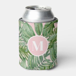 Pink Palm Leaf Tropical Floral Monogram Can Cooler