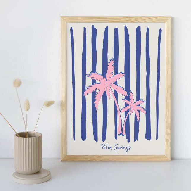 Pink Palm Pair on Blue Stripes Poster (Creator Uploaded)