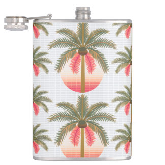 pink palm pattern with the sun hip flask