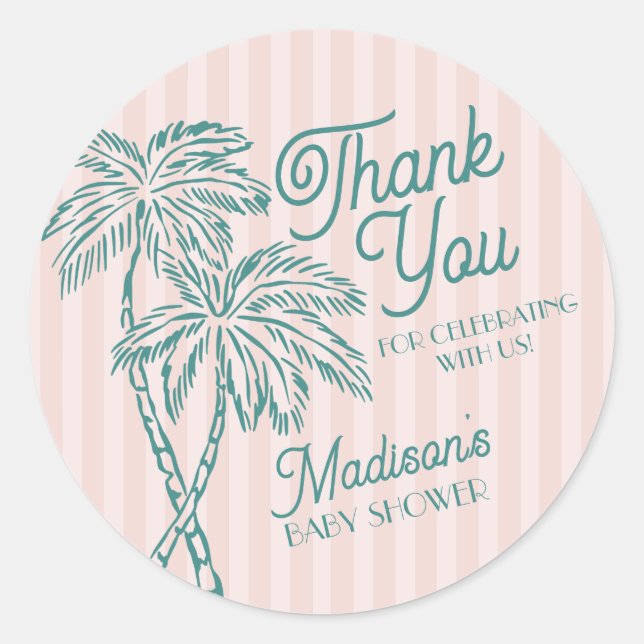 Pink Palm Spring Pastel Beach Baby Shower Favour Classic Round Sticker (Front)