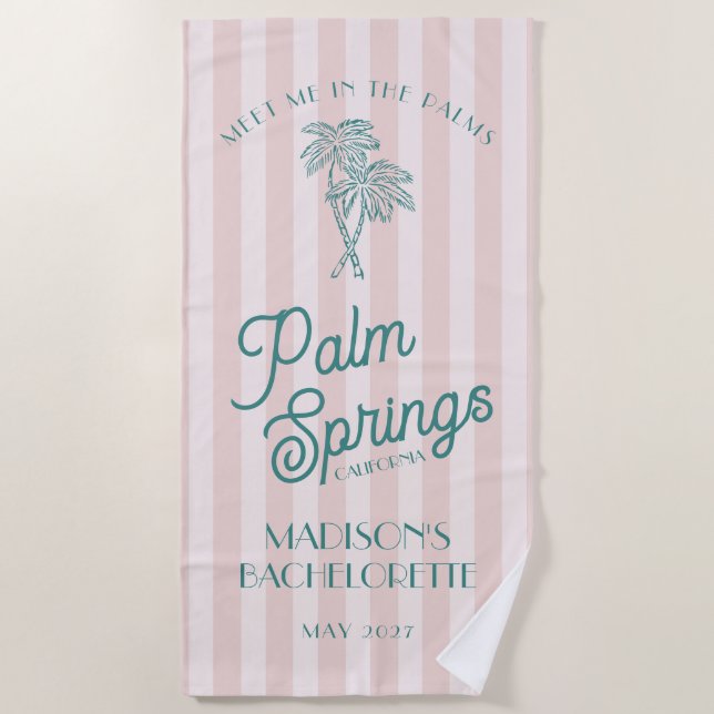 Pink Palm Spring Pastel Beach Bachelorette Party Beach Towel (Front)