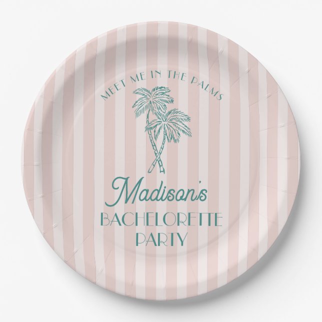 Pink Palm Spring Pastel Beach Bachelorette Party Paper Plate (Front)