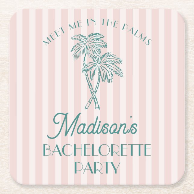 Pink Palm Spring Pastel Beach Bachelorette Party Square Paper Coaster (Front)