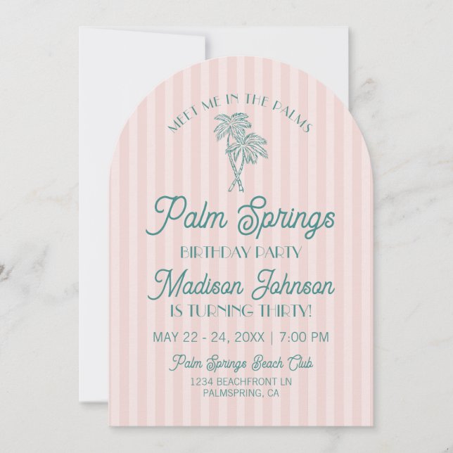 Pink Palm Springs Pastel Beach Birthday Party Invitation (Front)