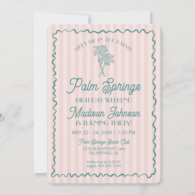 Pink Palm Springs Pastel Beach Birthday Weekend Invitation (Front)