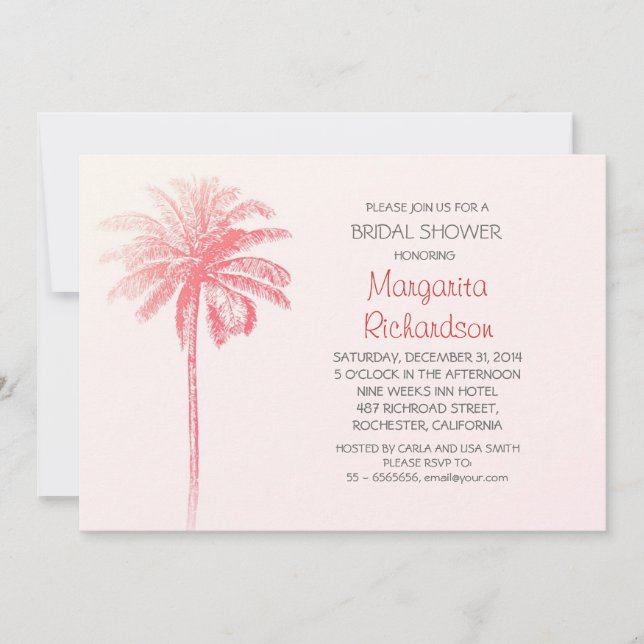 pink palm tree beach bridal shower invitations (Front)