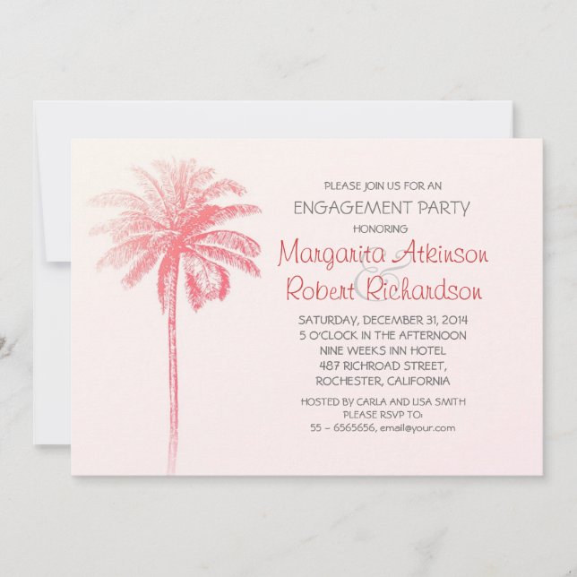 pink palm tree beach engagement party invitation (Front)