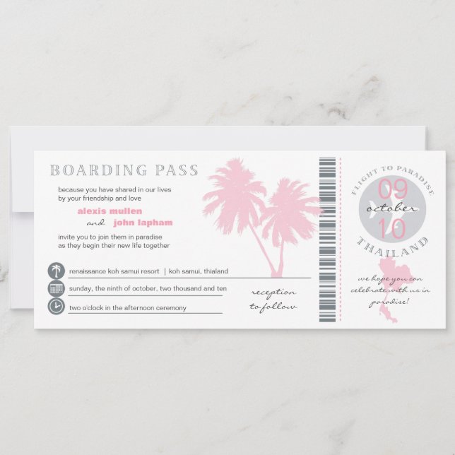 Pink Palm Tree Boarding Pass to Thailand Wedding Invitation (Front)