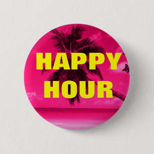 Pink Palm Tree HAPPY HOUR 6 Cm Round Badge