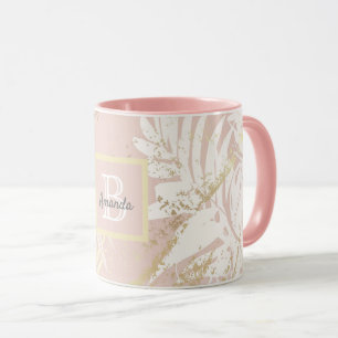 Pink palm tree leaves gold monogram mug