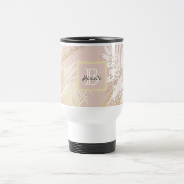 Pink palm tree leaves gold monogram travel mug (Center)