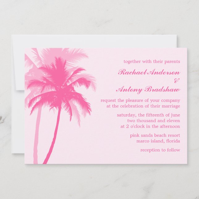 Pink Palm Trees Beach and Summer Wedding Invitation (Front)